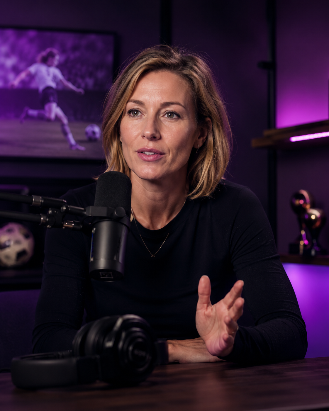 Woman creator speaking into a podcast microphone